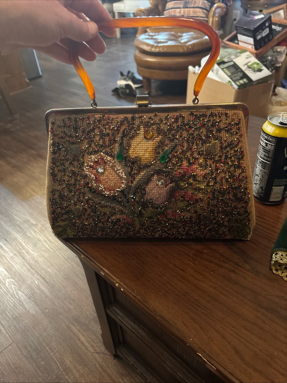 Vintage Souré Bags New York Beaded Floral Evening Purse Lucite Handle 1950s 1960
